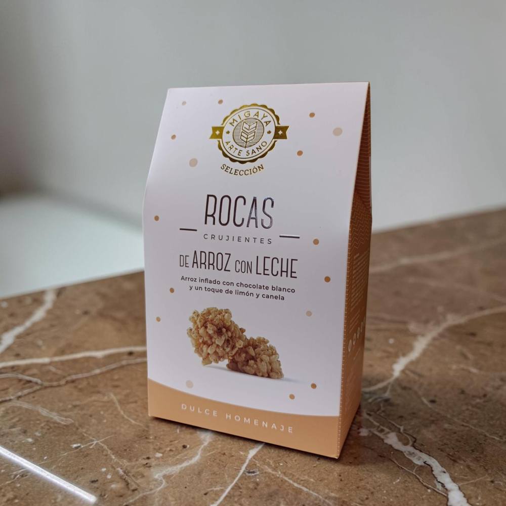 Comprar Rocas de arroz con leche Migaya - dulce asturiano en roca de chocolate blanco, Gijón