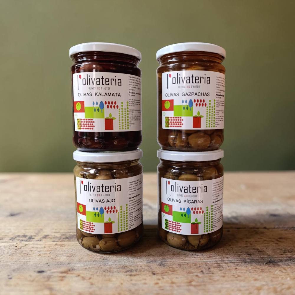 Comprar aceitunas ecológicas Olivatería - ajo, pícaras, gazpachas y kalamata, Alicante, sin pasteurizar