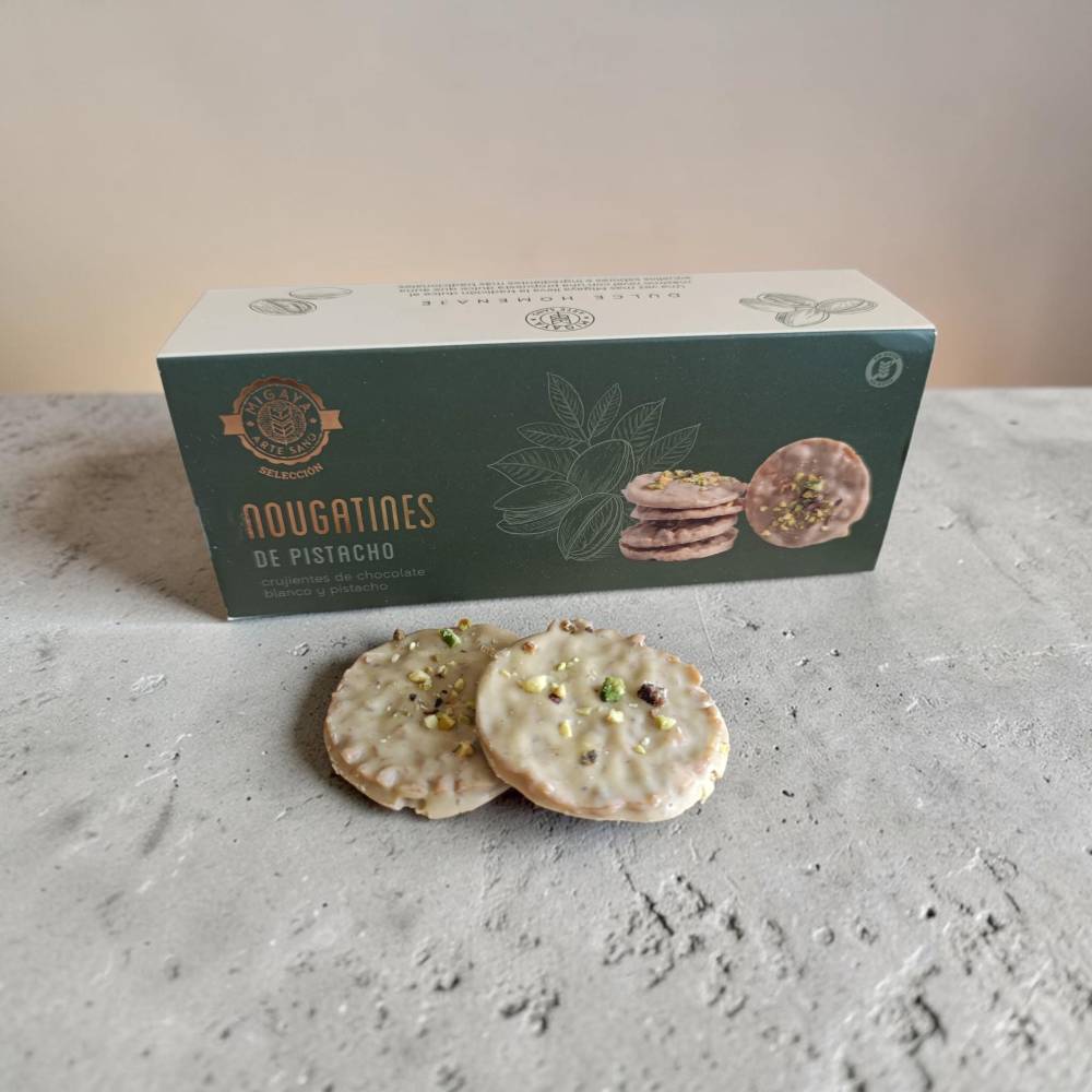 Nougatine de pistacho de Migaya - dulce artesano asturiano de chocolate blanco sin gluten