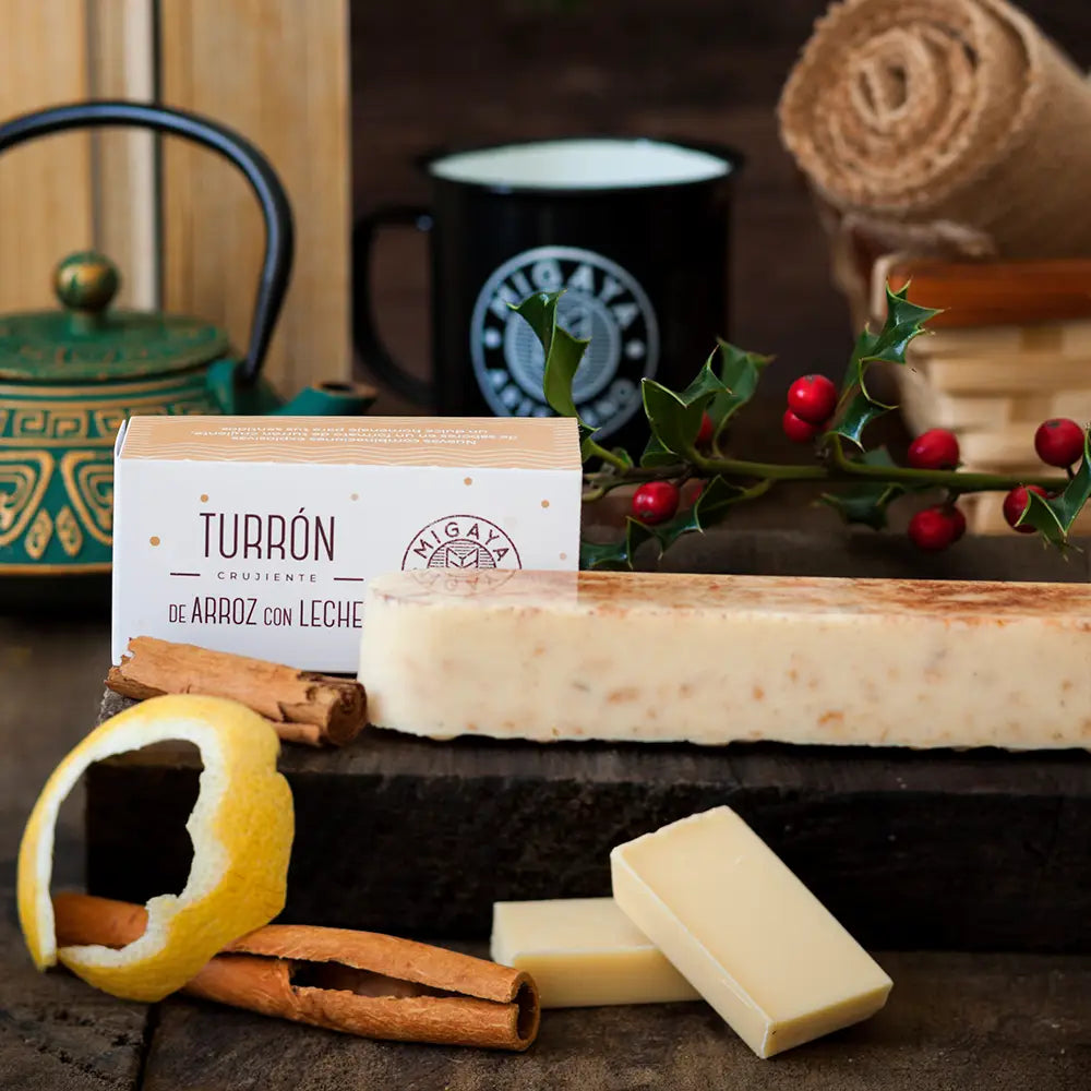 Turrón crujiente de arroz con leche Migaya - chocolate blanco con arroz tostado, limón y canela